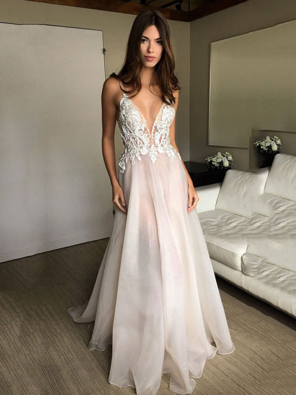 Deep V-neck Spaghetti Straps Lace Appliqued Beach Wedding Dress