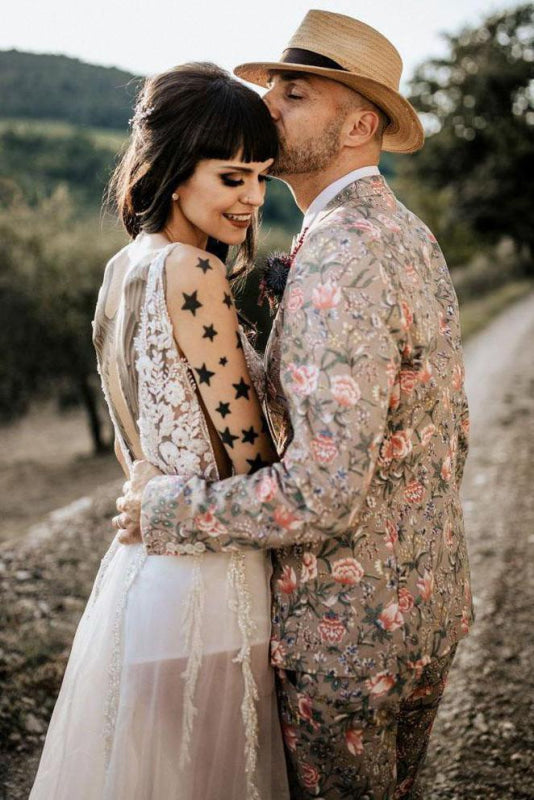 Deep V Neck Thigh Split Beach Vintage Wedding Dress