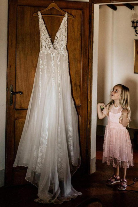 Deep V Neck Thigh Split Beach Vintage Wedding Dress