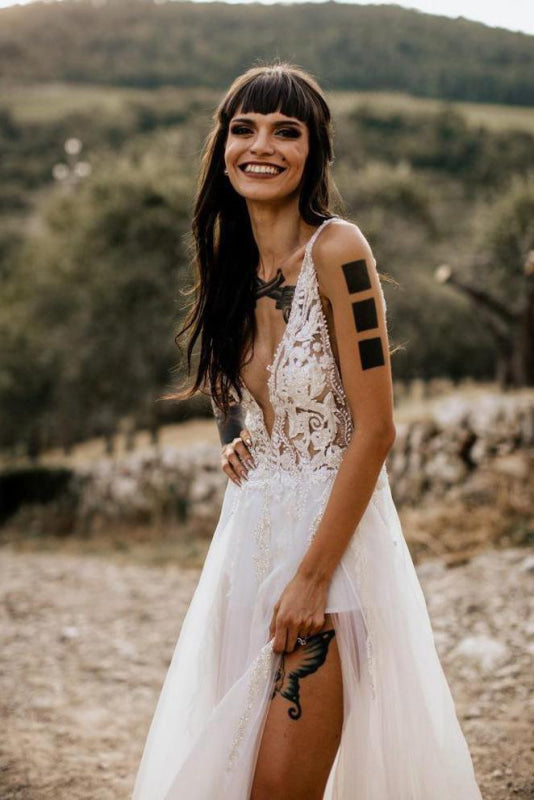 Deep V Neck Thigh Split Beach Vintage Wedding Dress