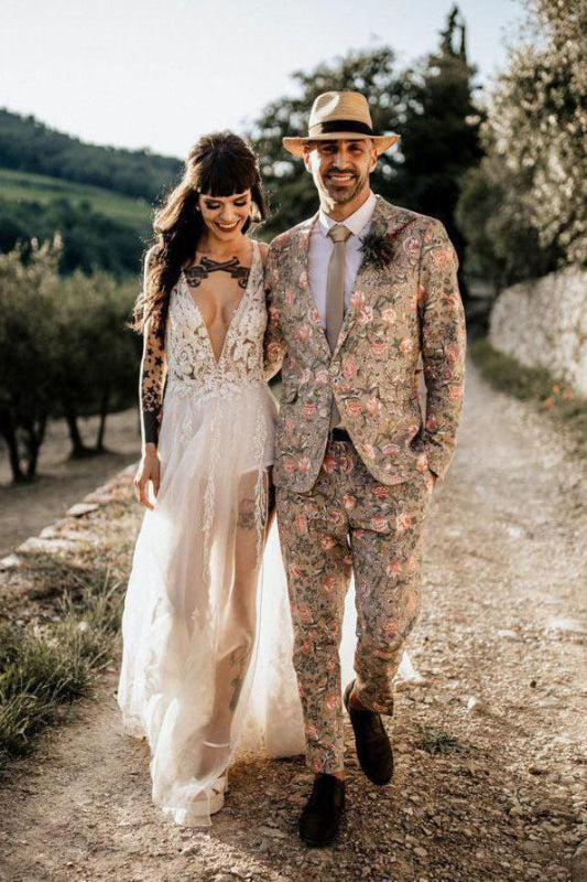 Deep V Neck Thigh Split Beach Vintage Wedding Dress