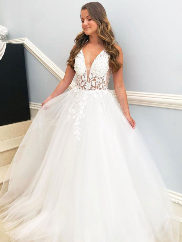 Deep V Neck White Lace Wedding Dresses Sleeveless Aline Bridal Dress