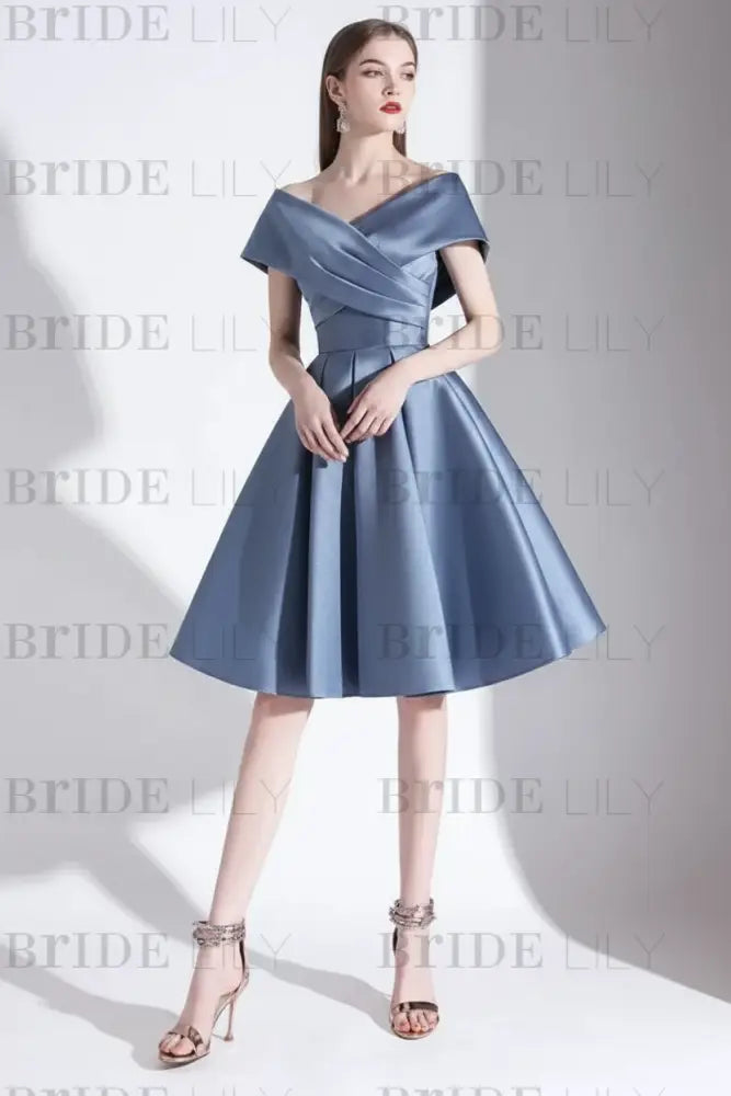 Off-the-Shoulder Knee-Length Evening Dress A-Line V-Neck Pleated Satin Cocktail Dress Little Black Dress