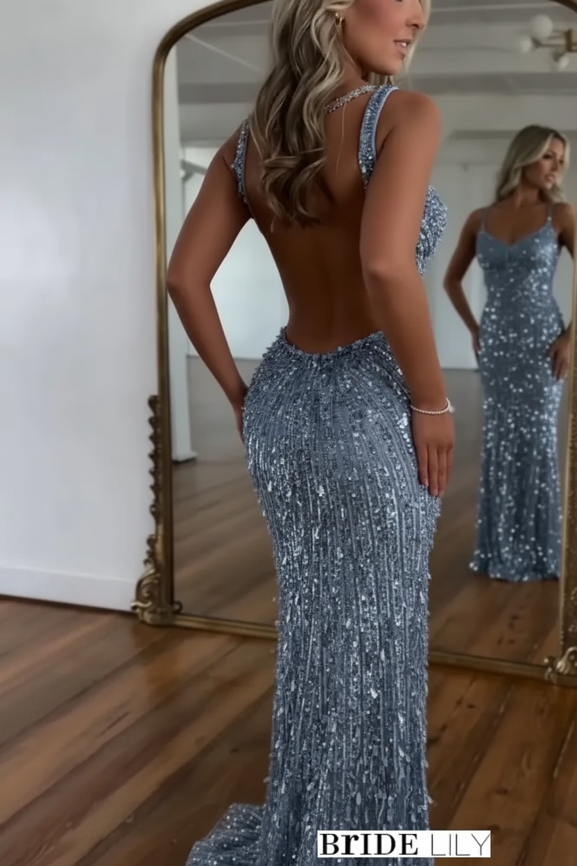Glitter Sequins Sleeveless V Neck Prom Dress Long with Split