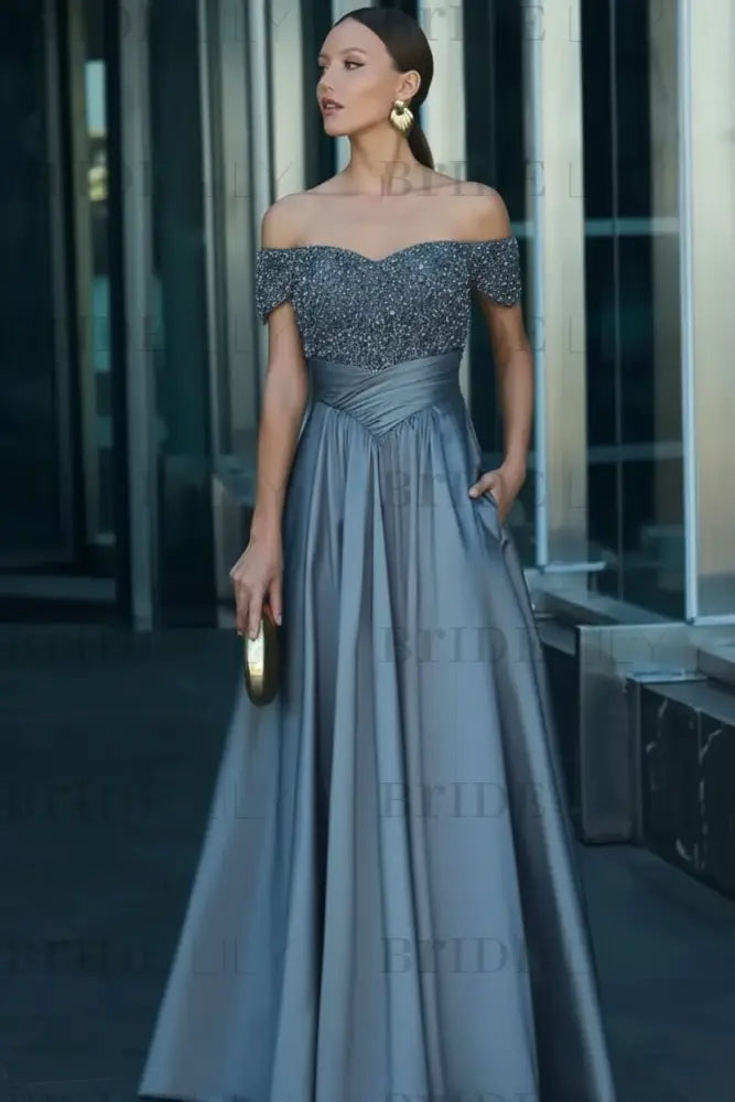 Off-the-Shoulder Dark Green Satin Aline Formal Dress with Beadings