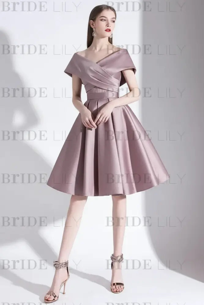 Off-the-Shoulder Knee-Length Evening Dress A-Line V-Neck Pleated Satin Cocktail Dress Little Black Dress