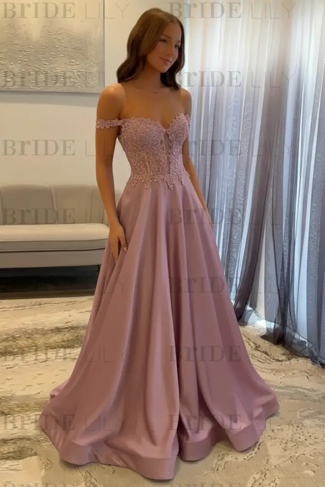 Off-the-Shoulder A-line Evening Dress Lace Prom Dress Long