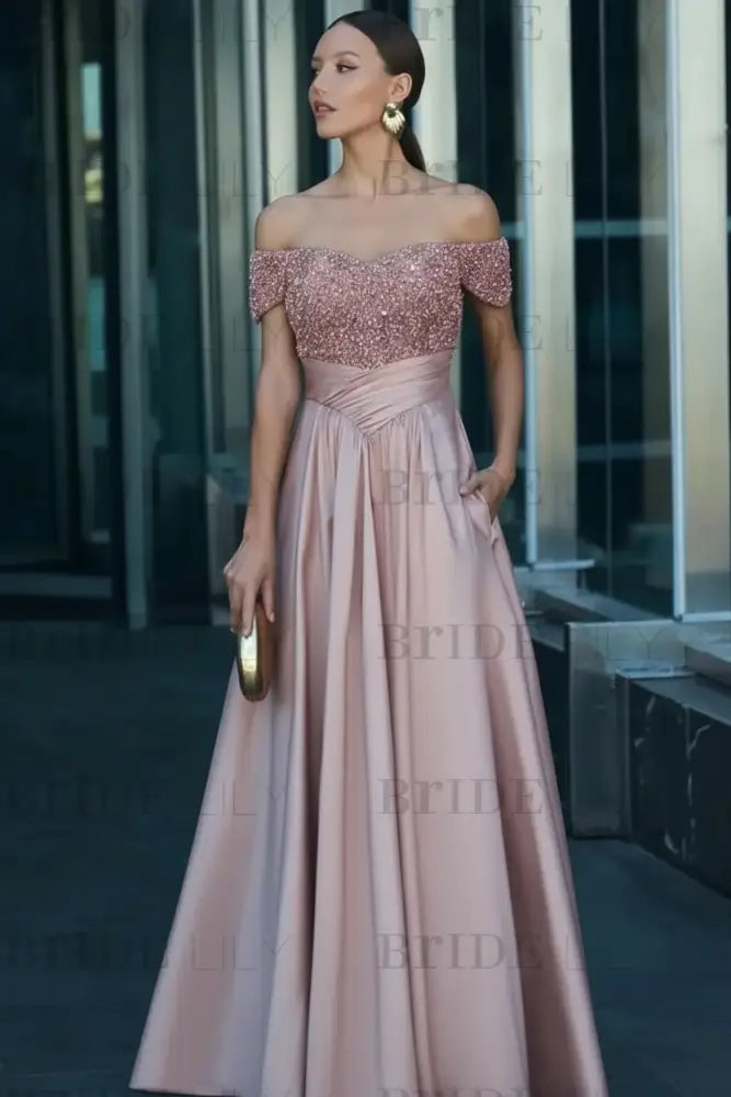 Off-the-Shoulder Dark Green Satin Aline Formal Dress with Beadings
