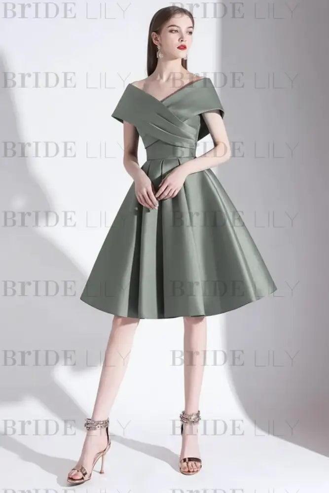 Off-the-Shoulder Knee-Length Evening Dress A-Line V-Neck Pleated Satin Cocktail Dress Little Black Dress