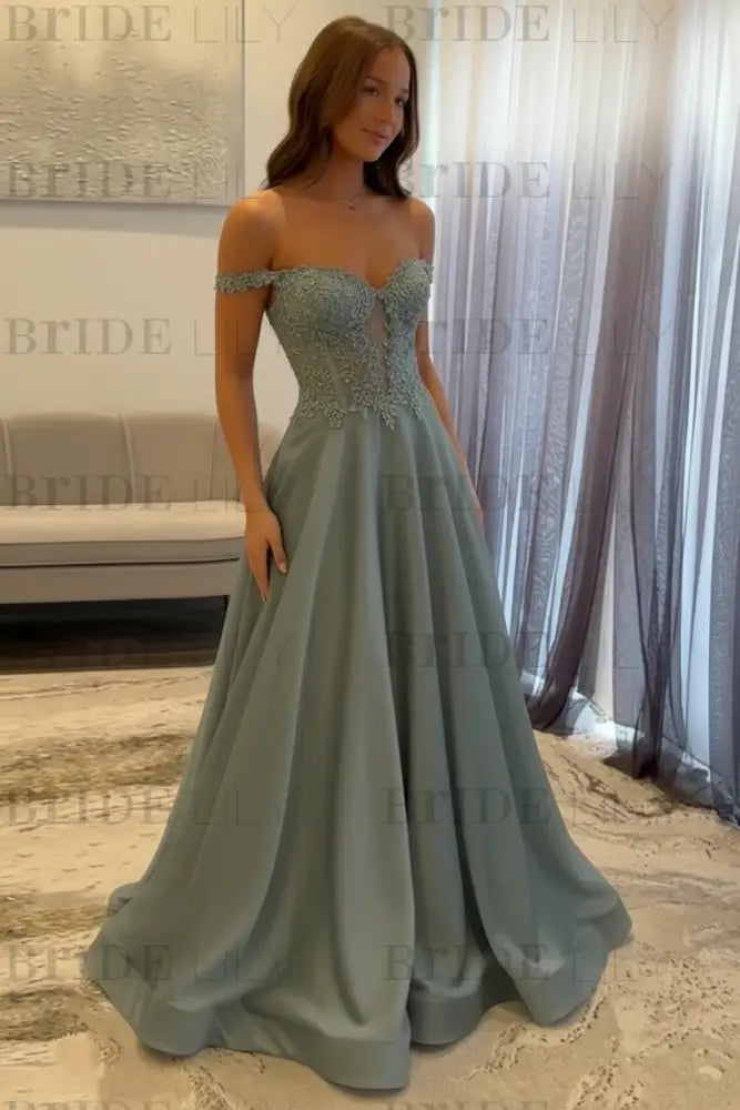 Off-the-Shoulder A-line Evening Dress Lace Prom Dress Long