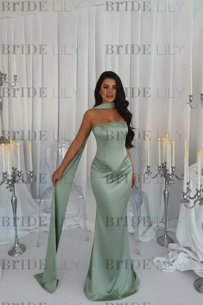 Stunning Satin Mermaid Prom Dress Beadings with Wrap