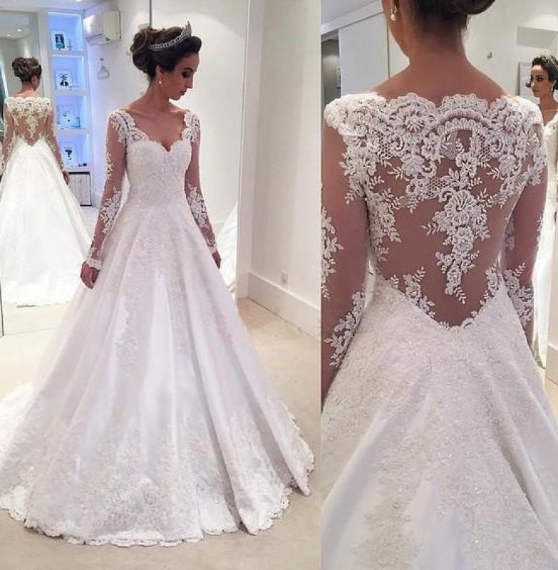 Elegant A-line V Neck Long Sleeves Wedding Dress