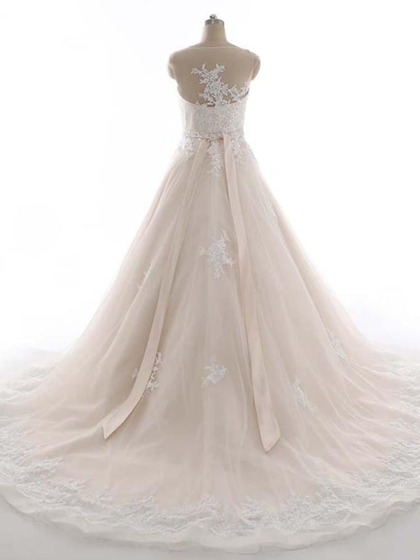 Elegant Bateau Lace Appliques Ribbon Wedding Dresses