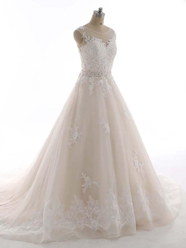 Elegant Bateau Lace Appliques Ribbon Wedding Dresses