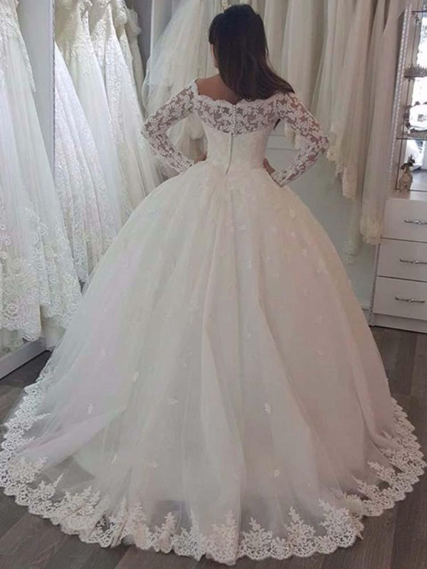 Elegant Bateau Long Sleeves Lace Ball Gown Wedding Dresses