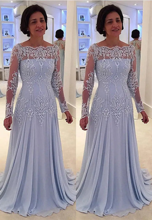Elegant bateau neck A-line Lace Long Sleeves Mother-of-the-bride Dress