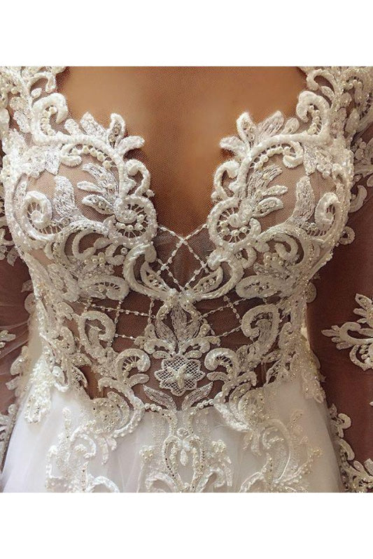 Elegant Beading Lace Long Sleeve Sheer Neck Ball Gown Wedding Dress
