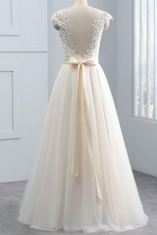 Elegant Cap Sleeve Lace Tulle A-line Wedding Dress