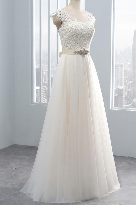 Elegant Cap Sleeve Lace Tulle A-line Wedding Dress