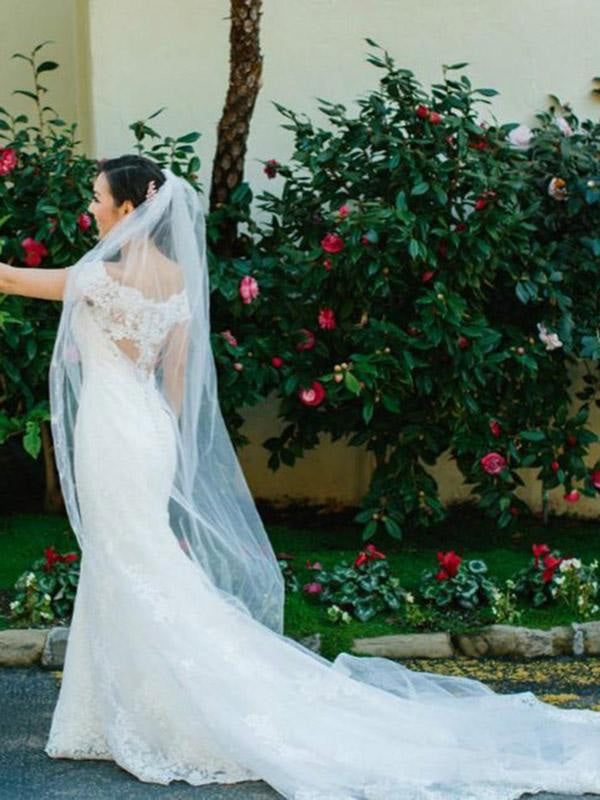 Elegant Cap Sleeves Lace Sweep Train Mermaid Wedding Dresses