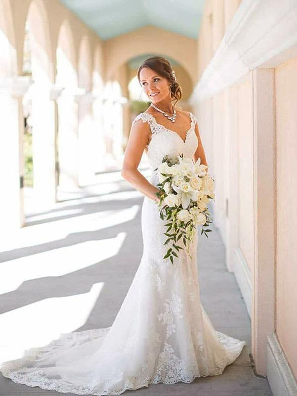 Elegant Cap Sleeves Lace Sweep Train Mermaid Wedding Dresses