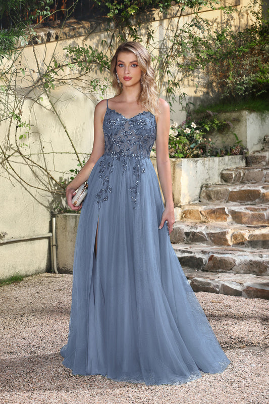 Elegant Dark Green A-Line Spaghetti Straps Prom Dresses with Split