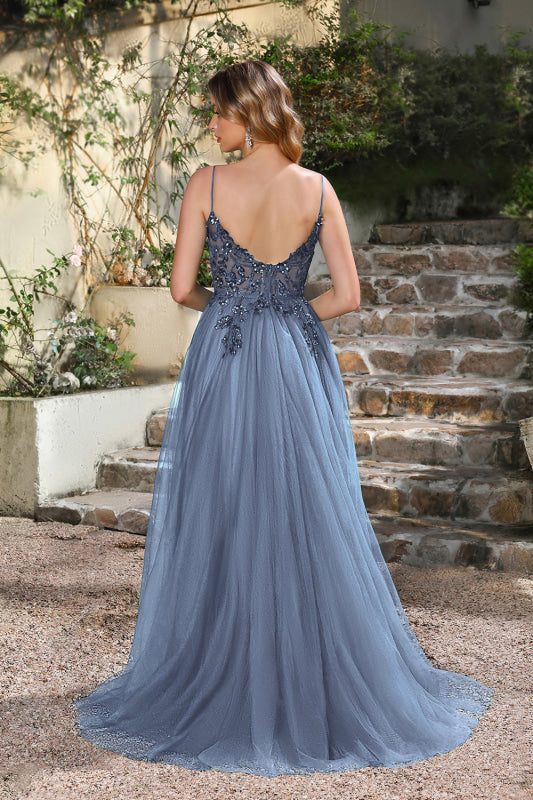 Elegant Dark Green A-Line Spaghetti Straps Prom Dresses with Split