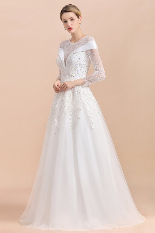 Elegant Floor Length Lace Long Sleeve Wedding Dress