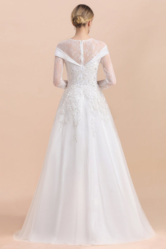 Elegant Floor Length Lace Long Sleeve Wedding Dress