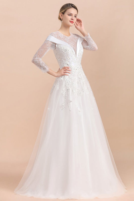 Elegant Floor Length Lace Long Sleeve Wedding Dress