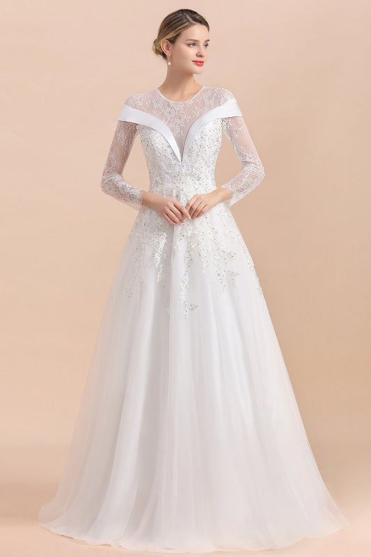 Elegant Floor Length Lace Long Sleeve Wedding Dress