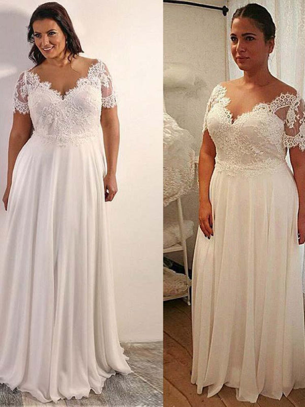 Elegant Half Sleeves V-Neck Lace A-Line Wedding Dresses