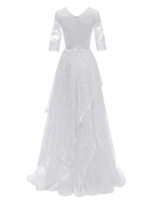 Elegant Half Sleeves V-neck Lace Boho Wedding Dress