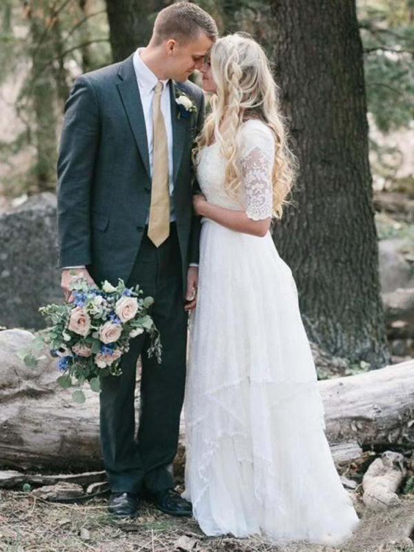Elegant Half Sleeves V-neck Lace Boho Wedding Dress