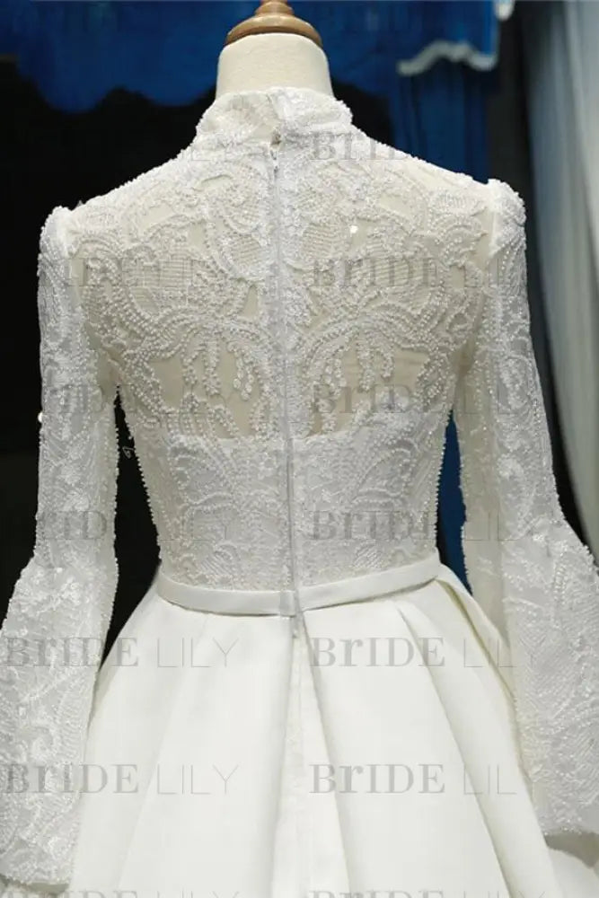 Elegant High Neck Long Sleeve Satin Wedding Dresses