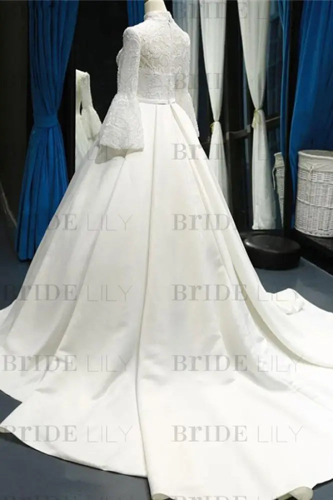 Elegant High Neck Long Sleeve Satin Wedding Dresses