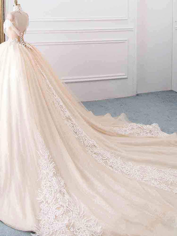 Elegant High Neck Tassel Sleeves Ball Gown Wedding Dresses