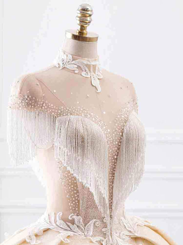 Elegant High Neck Tassel Sleeves Ball Gown Wedding Dresses