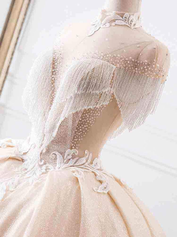 Elegant High Neck Tassel Sleeves Ball Gown Wedding Dresses