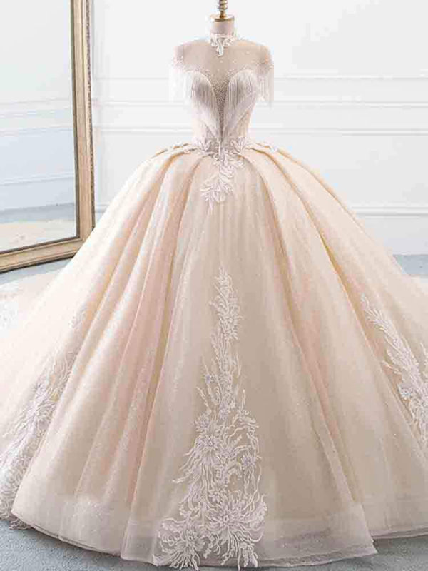 Elegant High Neck Tassel Sleeves Ball Gown Wedding Dresses