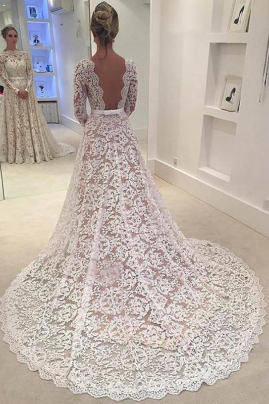 Elegant Ivory A-line Bateau Lace Long Sleeve Backless Wedding Dress