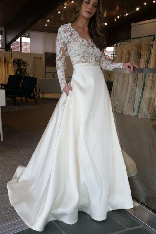 Elegant Ivory Sleeves Sweep Train Satin Long Wedding Dress with Lace