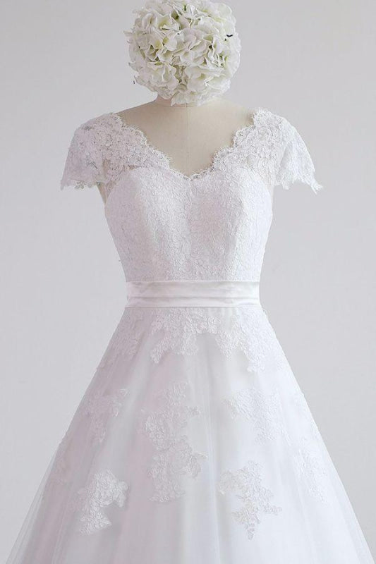 Elegant Lace Cap Sleeve Tulle A-line Wedding Dress