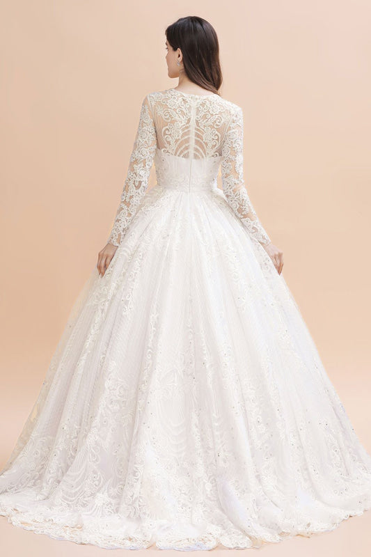 Elegant Long Sleeve Ctystal Beaded Lace Ball Gown Wedding Dress