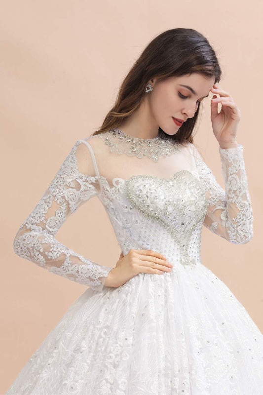 Elegant Long Sleeve Ctystal Beaded Lace Ball Gown Wedding Dress