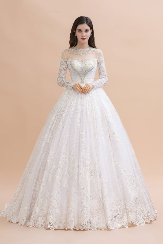 Elegant Long Sleeve Ctystal Beaded Lace Ball Gown Wedding Dress