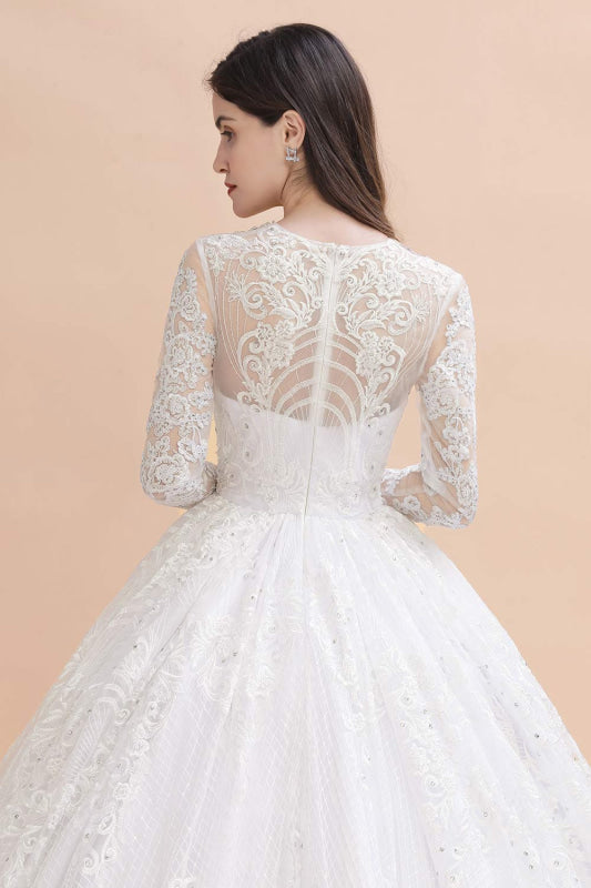 Elegant Long Sleeve Ctystal Beaded Lace Ball Gown Wedding Dress