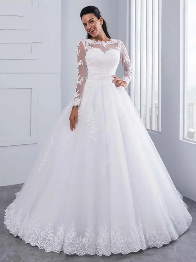 Elegant Long Sleeves Lace Appliques Ball Gown Wedding Dresses
