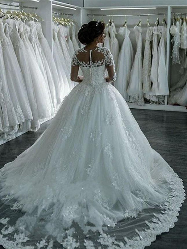 Elegant Long Sleeves Lace Appliques Ball Gown Wedding Dresses