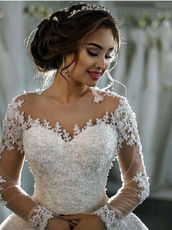 Elegant Long Sleeves Lace Appliques Ball Gown Wedding Dresses